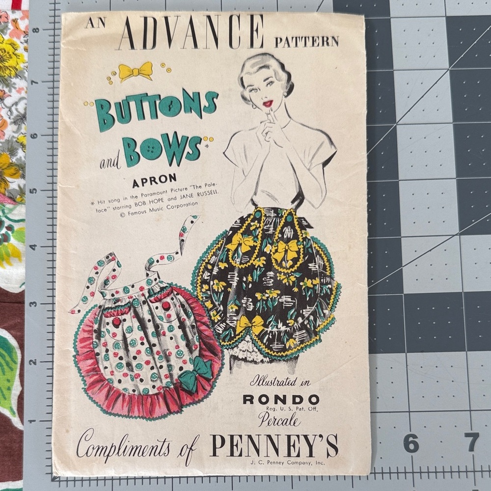 Vintage 1940s Advance “Buttons and Bows” Apron Sewing Pattern – J.C. Penney’s